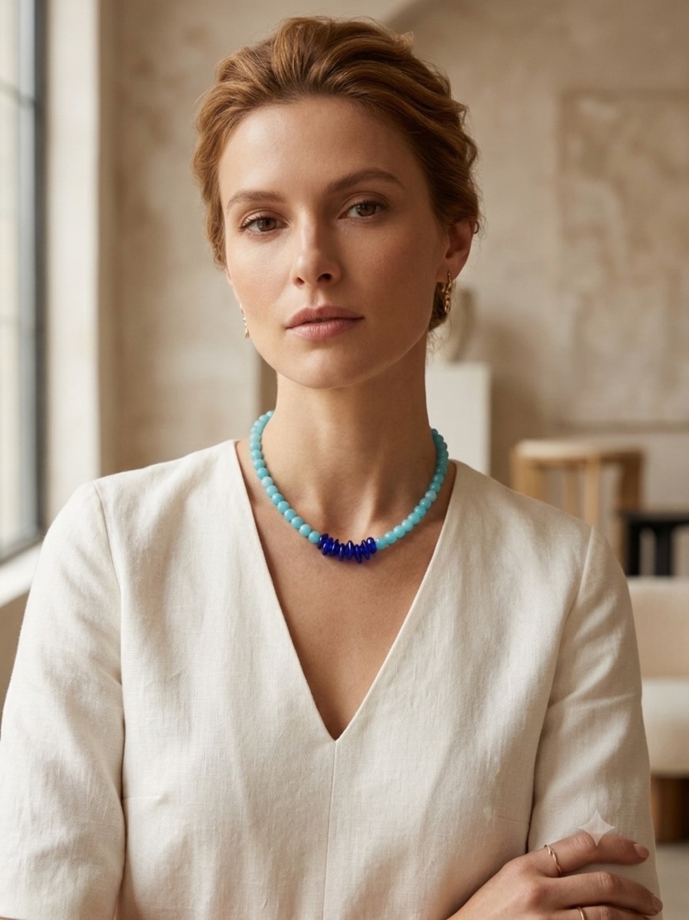 Natural Ice Amazonite Quartz Crystal Beads & Navy Blue Seaglass - Made in Brazil